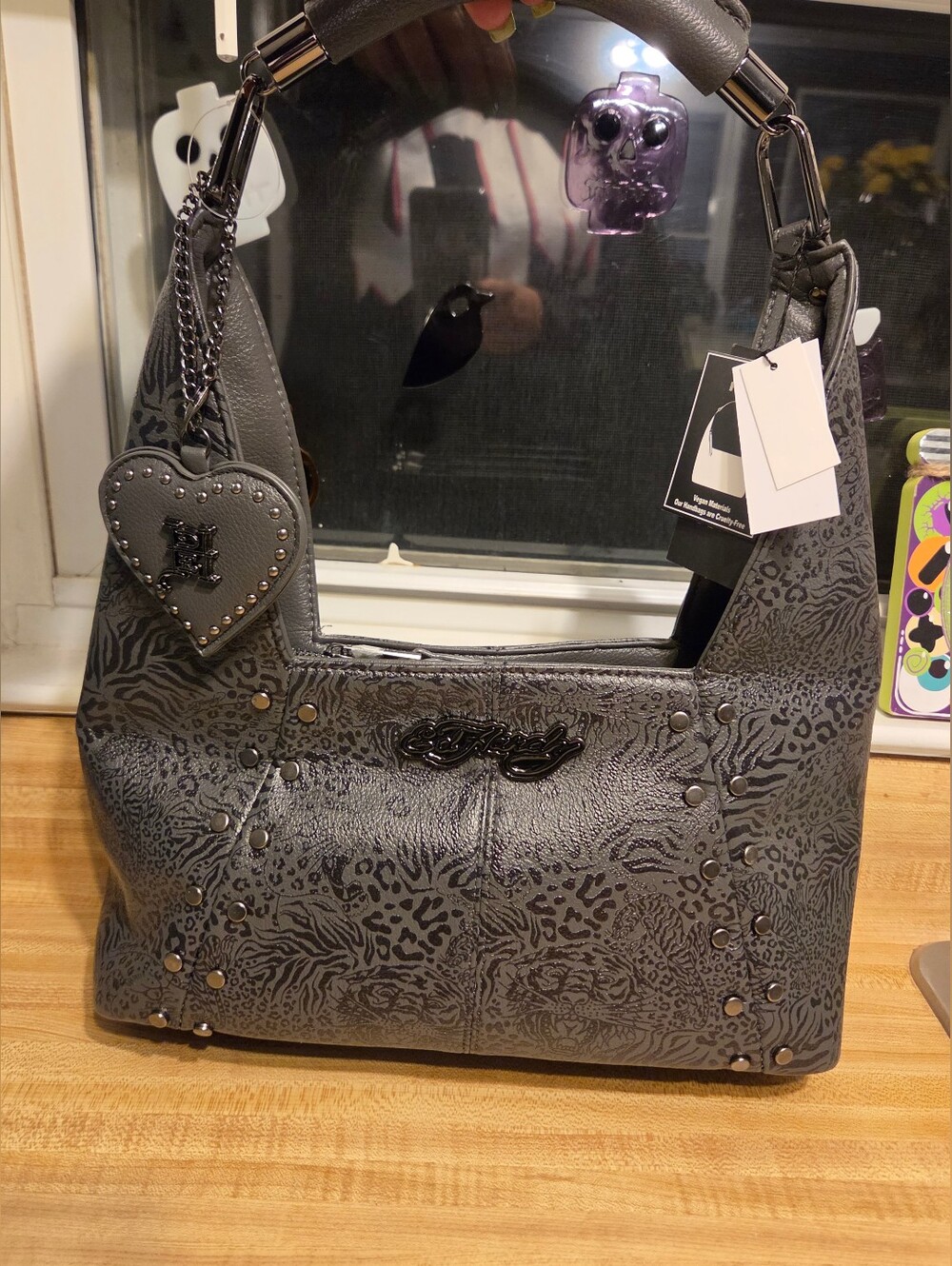 Ed Hardy NWT Animal Print Studded Hobo Bag W/Bag Charm